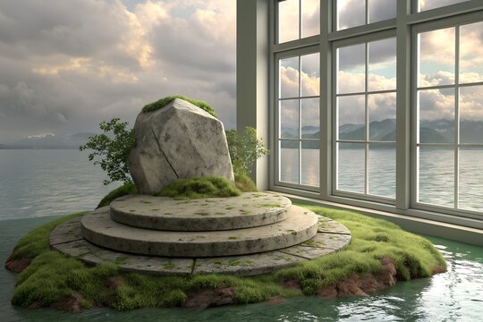 3D podium stone display on green background 