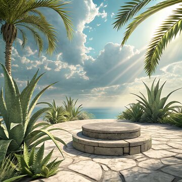 3D podium stone display on green background 