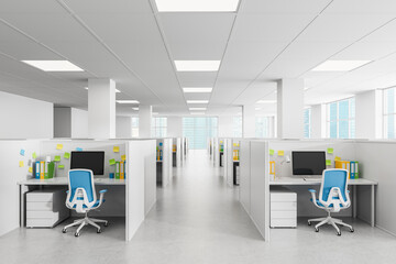 Fototapete - Modern office cubicle layout with blue chairs, monitors, and colorful folders in a clean corporate workspace environment. 3D Rendering