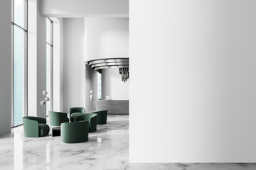 Fototapete - Modern office lobby with green chairs and large blank wall for poster mockup presentation in clean minimalist design layout. 3D Rendering