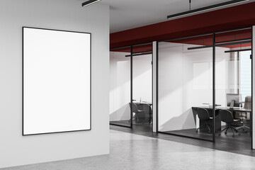 Fototapete - Empty poster frame on white office wall near glass conference room interior with modern furniture and red ceiling beams in daylight. 3D Rendering