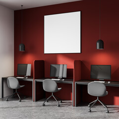 Fototapete - Blank poster mockup on red wall above modern computer workstations in minimal office interior with chairs and pendant lighting. 3D Rendering