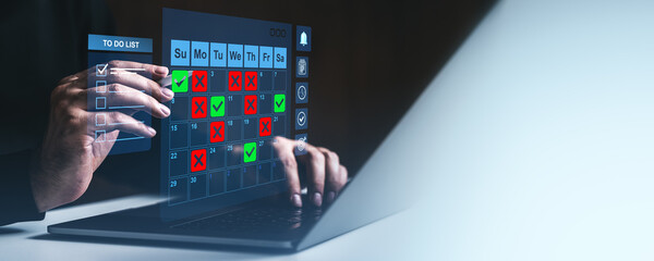 Poster - Futuristic digital calendar and to-do list interface displayed on transparent screen over laptop for task management concept visualization.