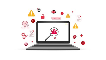 Poster - Ransomware Attack with magnifying glass close up on the laptop screen and floating alarming shapes around it, 4k animation. Scam, virus, alert