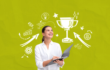 Poster - Smiling businesswoman with folder and success doodles including