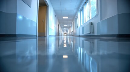 Poster - A spacious, brightly lit hospital corridor with polished floors and large windows, creating a serene atmosphere.
