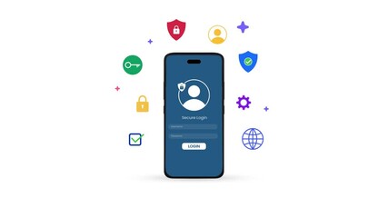 Poster - Secure login on the mobile with floating infographics around it, 4k animation. Security, protection, modern, username, access