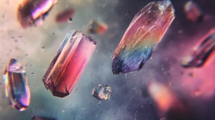 Poster - Soft pastel rainbow crystal leaks scatter through a misty frame with dust flecks and film scratches for a retro, cinematic ambiance.