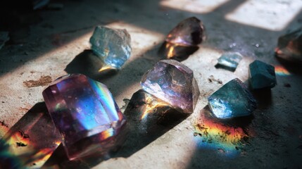 Poster - Rainbow light leaks softly wrap around crystal shapes with aged film grain, scattered dust, and faded scratches for a nostalgic mood.