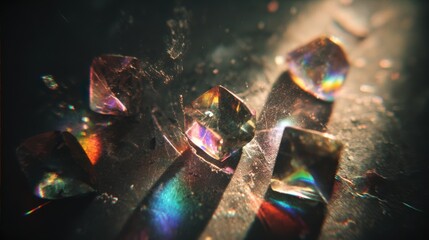 Poster - Rainbow light leaks softly wrap around crystal shapes with aged film grain, scattered dust, and faded scratches for a nostalgic mood.