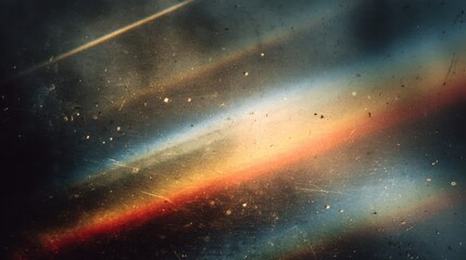 Poster - Prism rainbow light streaks with crystal glow, soft grain texture, dust particles, and vintage scratches overlaying a faded, dark backdrop.