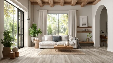 Poster - Bright and airy living room with natural light, plants, and cozy furniture for a relaxed atmosphere.