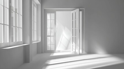 Poster - Bright, minimalistic interior with large windows and open doors creating a serene atmosphere filled with natural light.