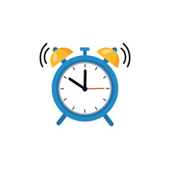 Poster - A classic blue alarm clock with yellow bells, showing vibrations to indicate it's ringing. Represents wake-up calls or timely alerts.
