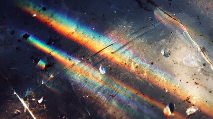 Poster - Dynamic rainbow light streaks leak through crystal fragments with vintage grain and delicate scratches adding timeless analog character.