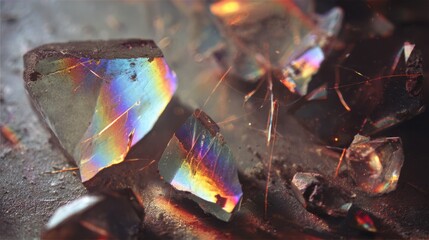 Poster - Dynamic rainbow light streaks leak through crystal fragments with vintage grain and delicate scratches adding timeless analog character.
