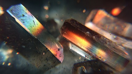 Poster - Dynamic rainbow light streaks leak through crystal fragments with vintage grain and delicate scratches adding timeless analog character.