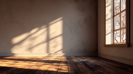 Poster - Empty room with sunlight casting shadows on the wooden floor, creating a serene and calm atmosphere.