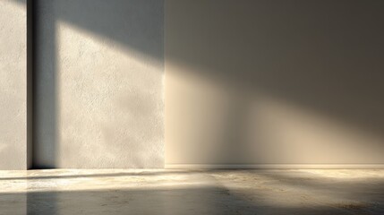 Poster - Minimalist interior featuring sunlight casting shadows on a concrete wall, ideal for modern design concepts.