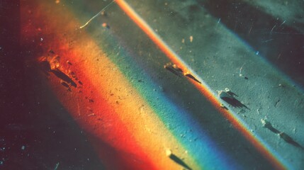 Poster - Bold rainbow crystal light leaks cut across vintage film grain, textured dust particles, and old film scratches, creating a nostalgic scene.