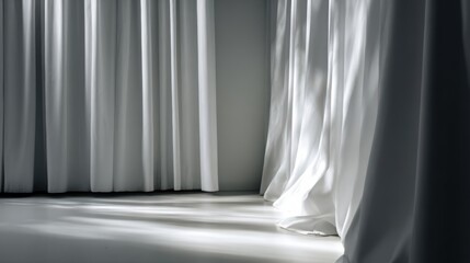 Poster - Soft sunlight filters through flowing white curtains, creating a serene and tranquil ambiance in a minimalistic room.