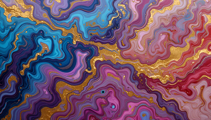 Poster - Elegant swirls of blue, purple, pink, and red create a captivating marbleized texture with shimmering gold accents in a fluid abstract design.