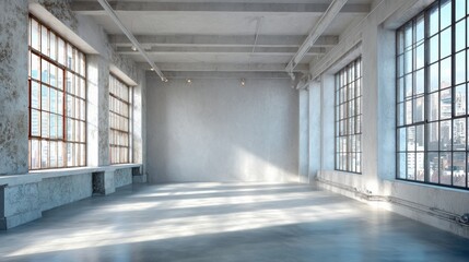 Poster - Spacious industrial room with large windows and natural light creating a bright atmosphere.