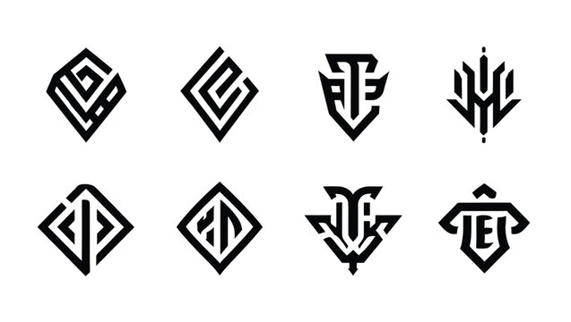 Vector art of a set of eight unique geometric logos isolated on white background, featuring bold lines and abstract shapes