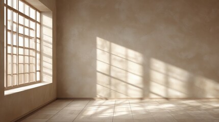 Poster - Sunlight streaming through a large window, creating shadows on a minimalist interior wall and floor.