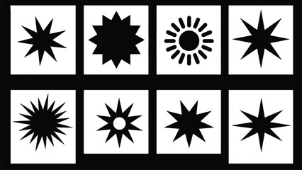 Poster - Vector art of set of eight different black starburst shapes isolated on white background