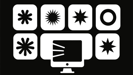 Poster - Vector art of a collection of various starburst shapes and a computer screen displaying light rays