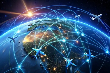 Airplanes fly above a glowing earth, connected by a network of lines symbolizing global travel and communication