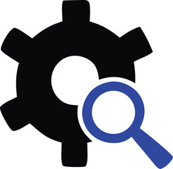 Poster - Gear Inspection Icon with Magnifying Glass Depicting Process Analysis and Optimization Representing Technical Search and Configuration on a White Background Simple and Clean
