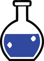 Aufkleber - Stylized Erlenmeyer Flask Filled with Blue Liquid Featuring Two White Inclusions Outlined in Black Isolated on a White Background Simple Design cartoonish flask