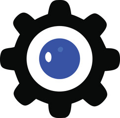 Poster - Abstract Black Gear with Blue Eye in the Center Depicting Technology Engineering and Artificial Intelligence on a White Background Simple and Modern Design Concept