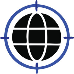 Poster - Abstract Globe Icon with Blue Circle and Crosshairs Representing Global Connectivity Technology and International Communication Isolated on a White Background Modern Design Minimalist Aesthetic