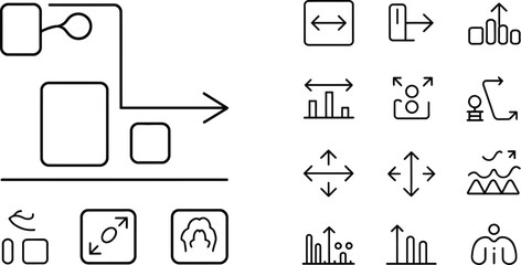 A collection of black and white line art icons depicting various diagram shapes and arrows