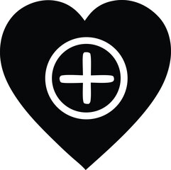 Poster - Black Heart with White Plus Sign in Circle Symbolizing Health Love and Addition on a White Background Simple and Clean Design Vector Illustration