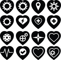 Poster - Collection of Black Heart Icons with White Symbols Representing Various Concepts Such as Settings Location Health Navigation and Communication in a Grid Pattern