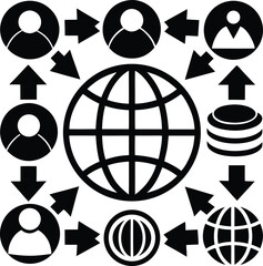 Poster - Global Network Connectivity and Data Exchange A Conceptual Illustration of Interconnected Users Databases and Global Communication Represented in a Black and White Vector Graphic