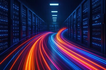 Fototapete - Data Highway: Visualize the pulse of global digital connectivity as dynamic light trails, representing data streams, flow through a high-tech server room environment.