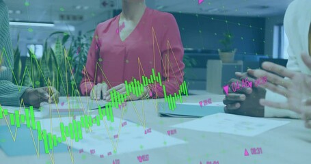 Poster - Stock-market graph overlay appearing coworkers joining hands stacking over charts for team unity