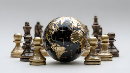 Poster - World Globe Surrounded by Chess Pieces Symbolizing Global Geopolitics and Economic Changes-