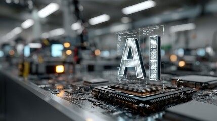 Aufkleber - AI Glowing Text Floating with Blue White Holographic Neon on Metal Boxes, Digital Code in Futuristic Lab, 3D Rendering Soft Light Shadows