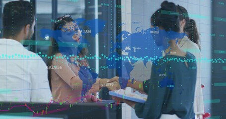 Poster - Colleagues initiating handshake in business office exchanging documents as hologram chart appearing
