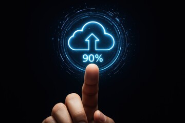 Fototapete - Cloud Upload Progress:  A close-up captures a finger pointing towards a digitally rendered cloud icon, displaying an impressive 90% upload progress.