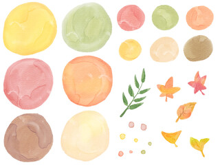 Wall Mural - Autumn watercolor material set: round patterns and leaves, autumn leaves, cute hand-drawn illustrations / 秋の水彩素材セット 丸い模様と葉っぱ・紅葉、かわいい手描きイラスト