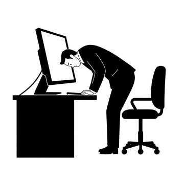 Businessman bending over computer desk. Man worker concentrating on screen. Office work. Vector illustration on transparent background.