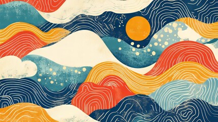 Poster - Colorful Abstract Wavy Lines Landscape with Sun, a Harmonious Blend of Nature-Inspired Patterns and Textures