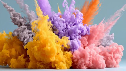 Poster - Colorful smoke explosion in vibrant shades of yellow, purple, pink, and gray, creating an artistic and dynamic visual effect against a soft blue background, showcasing creativity and energy in abstrac